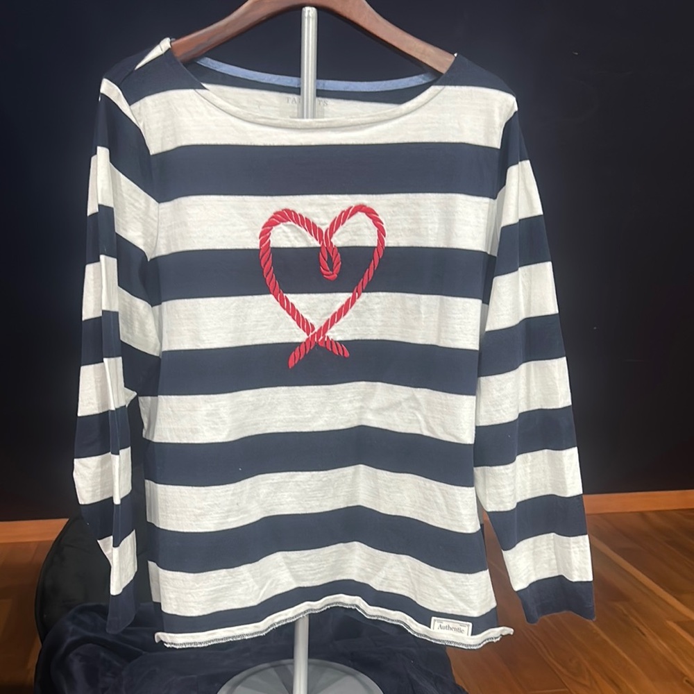 Striped Navy and White Long Sleeve Top with Red Heart (Talbots)